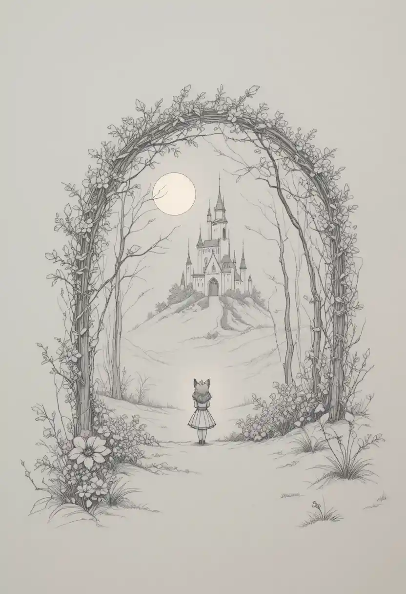Moonlit fox guiding a child through an enchanted forest