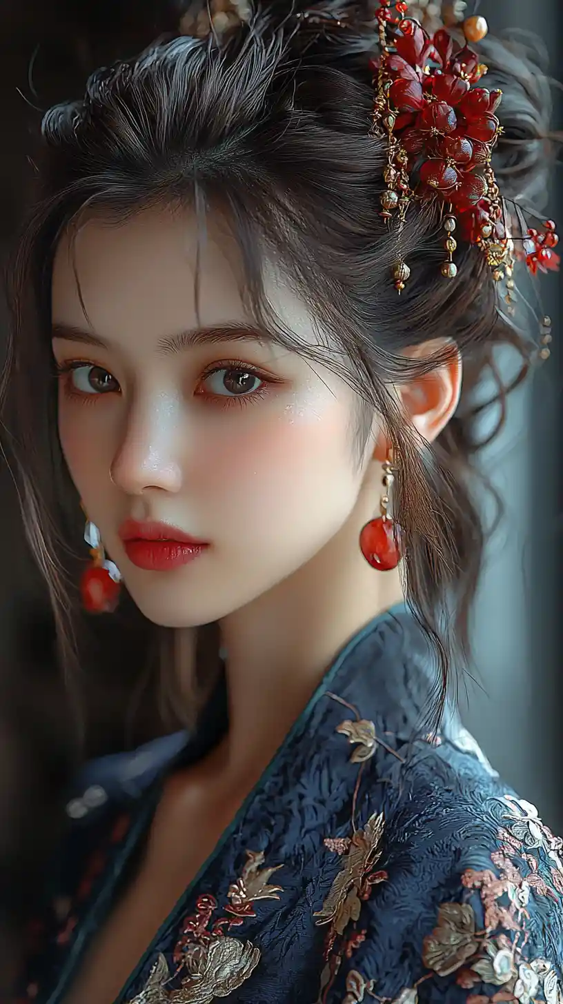 Young asian woman in ornate blue dress with halo