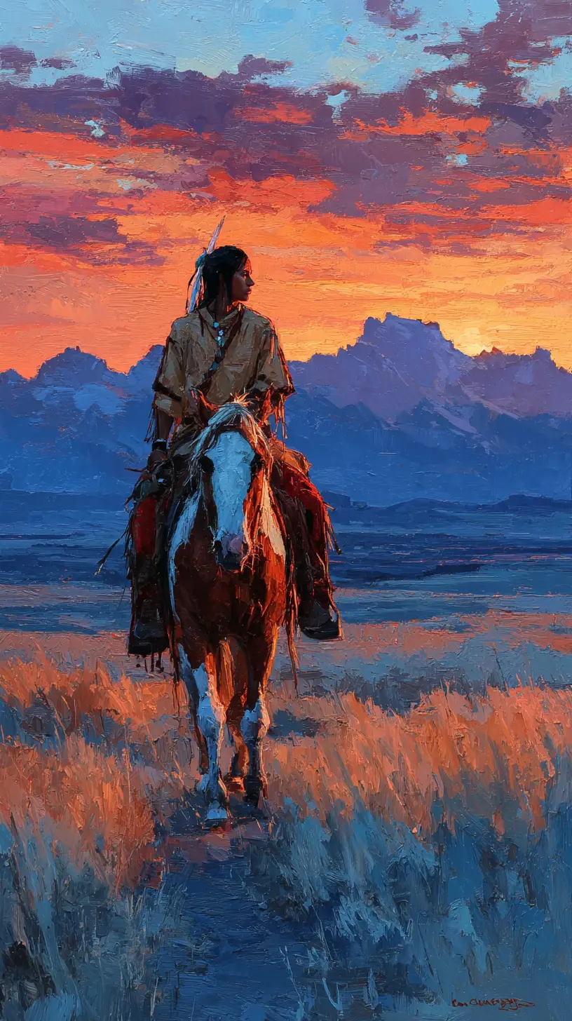 Lakota rider crossing sunset grasslands on a paint horse