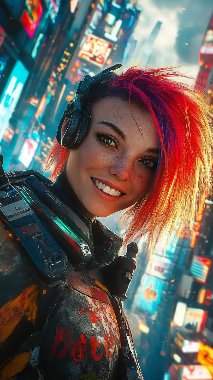 Joyful anime traveler close up in a futuristic city