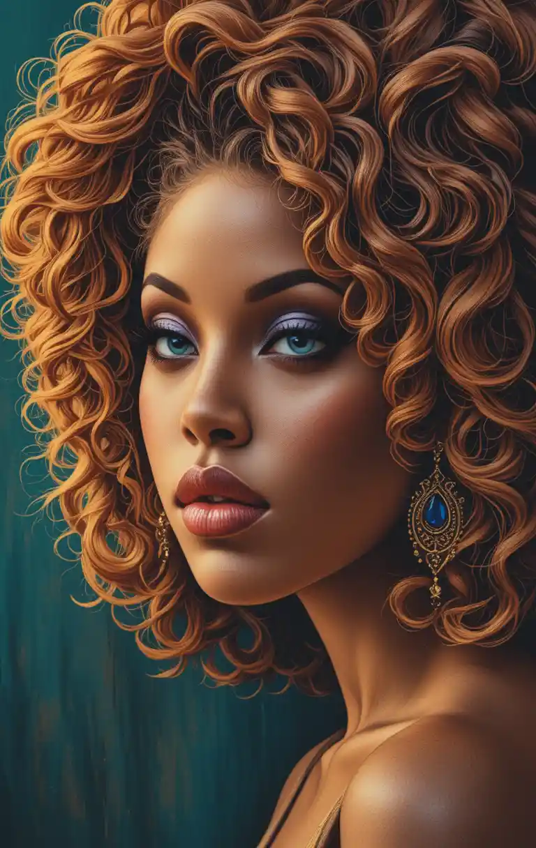 Close up portrait of a woman with curly highlighted hair