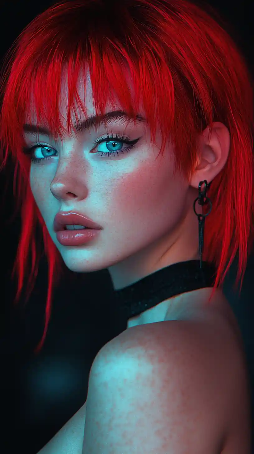 Neon haired girl portrait with intense blue eyed gaze
