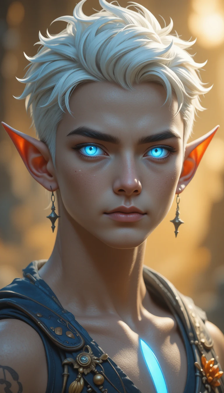 Young eliatrope man with glowing blue eyes and white hair
