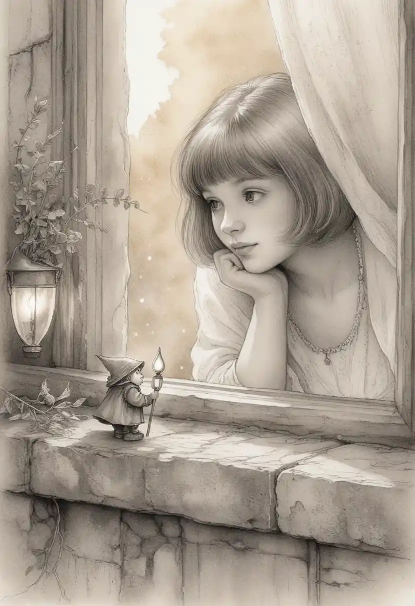 Girl watching a tiny gnome with a glowing lantern