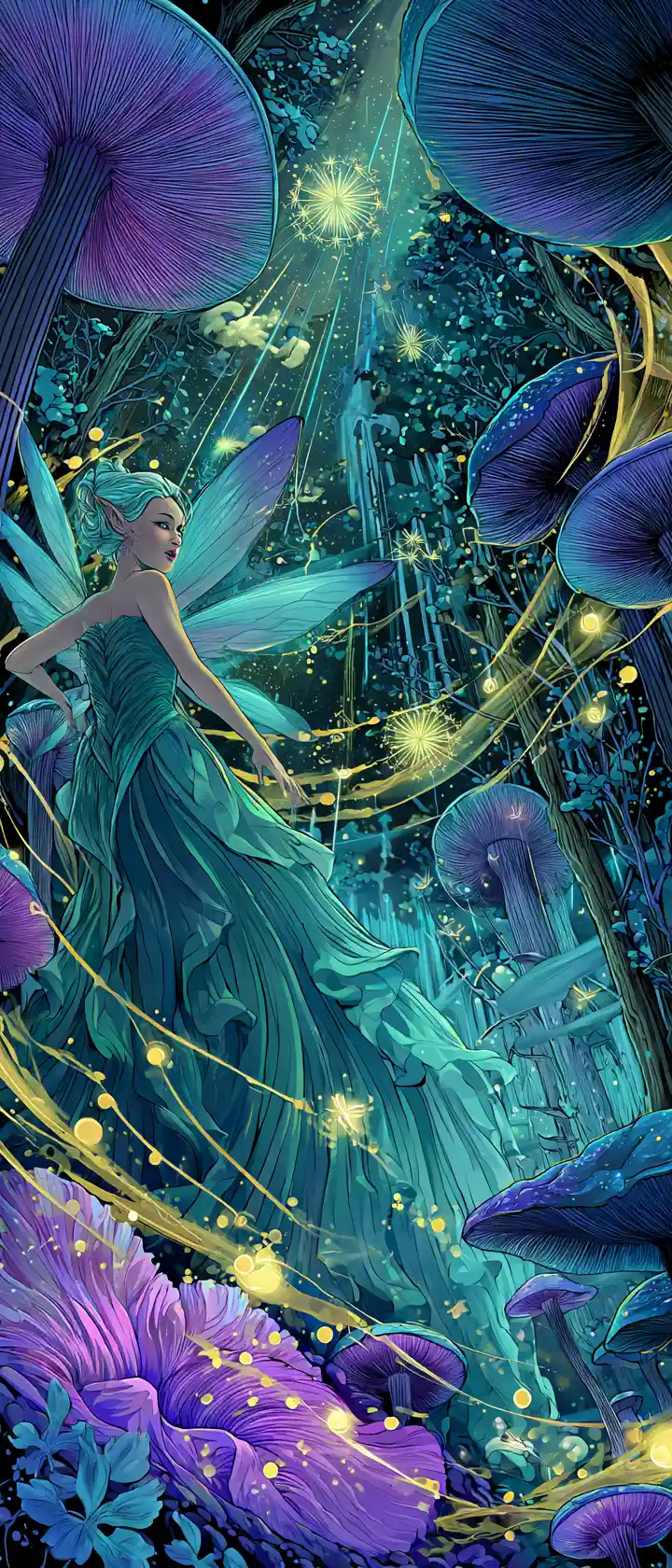 Celestial woodland elf dancing in a glowing fantasy forest