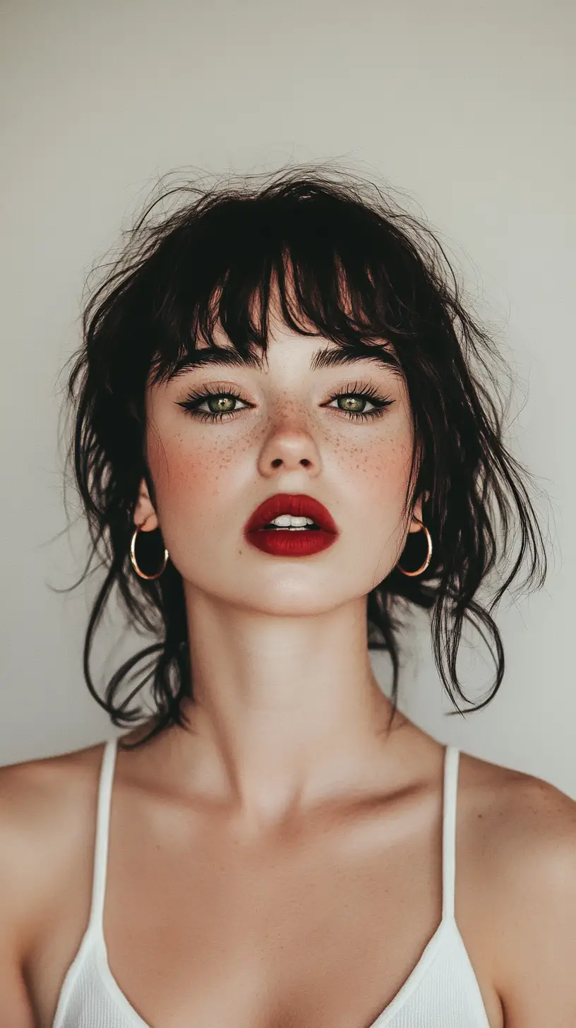 Playful winking girl portrait with red lips and hoops