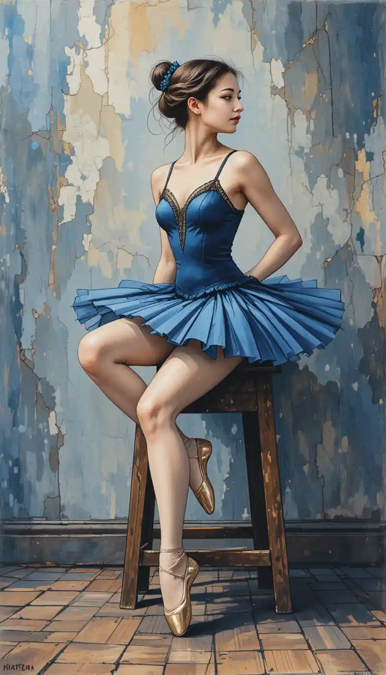 Seated ballerina in blue tutu on rustic wooden stool
