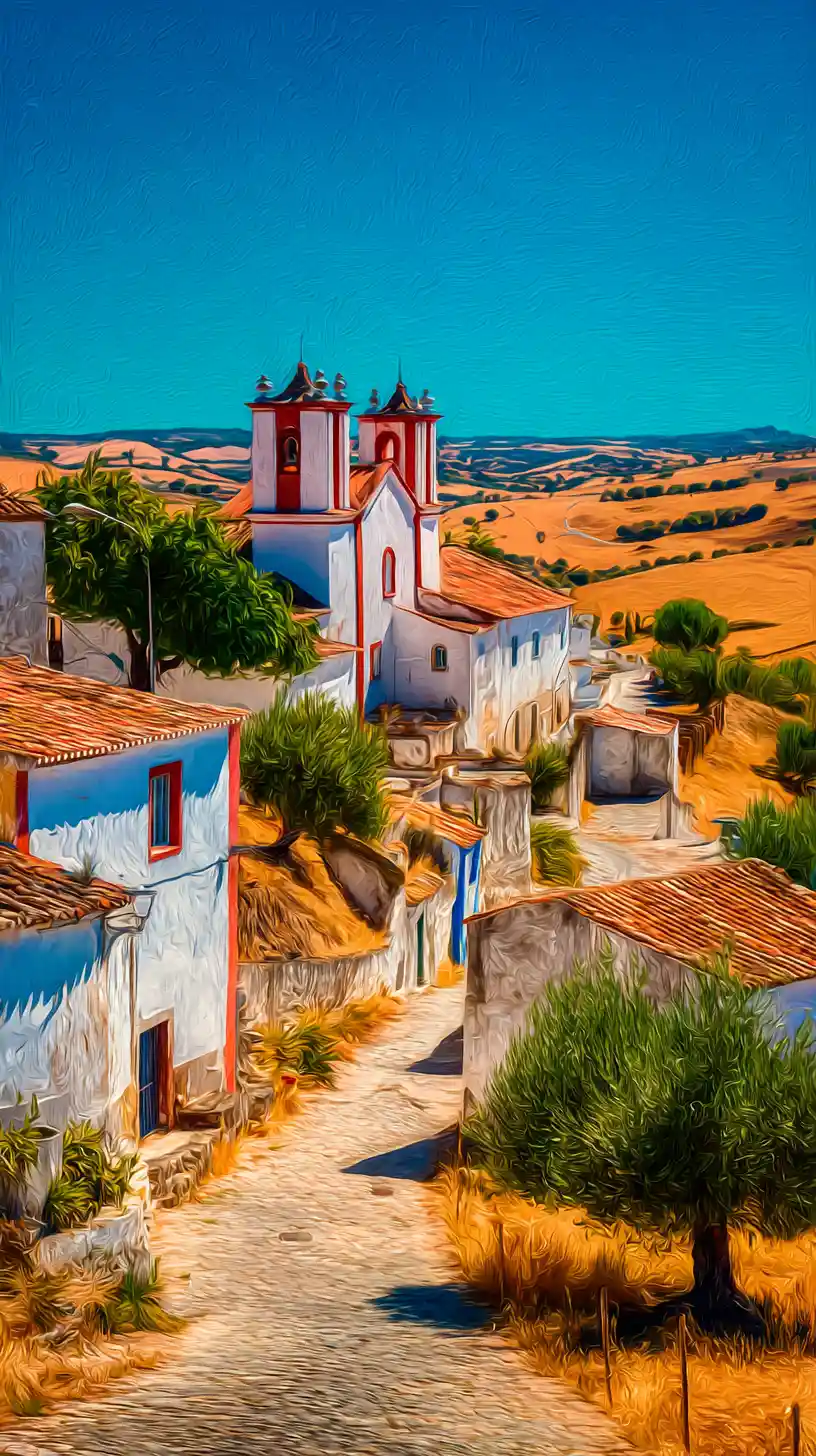 Sunlit Portuguese village street with white houses and church
