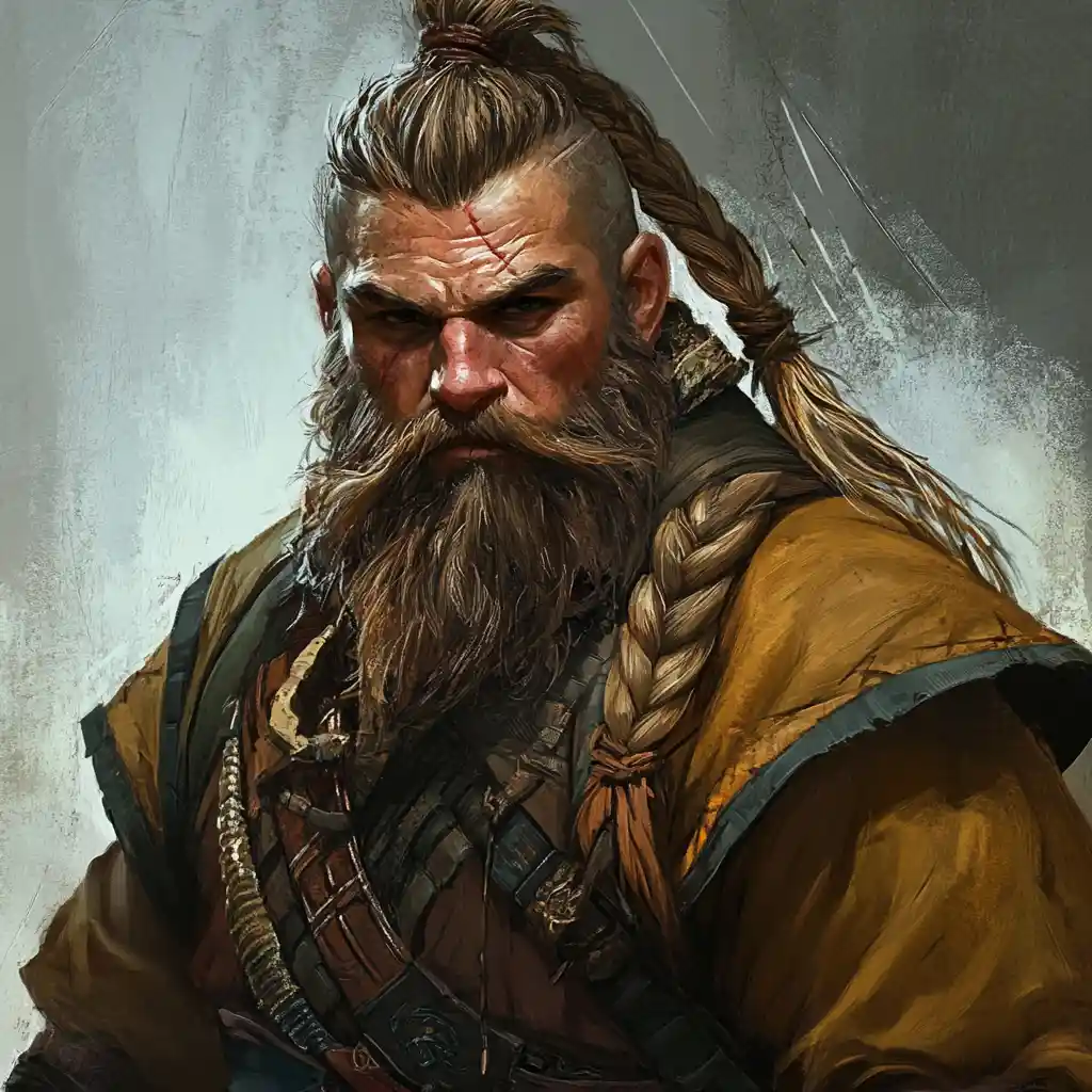 Brown haired dwarf monk brawler with braided beard
