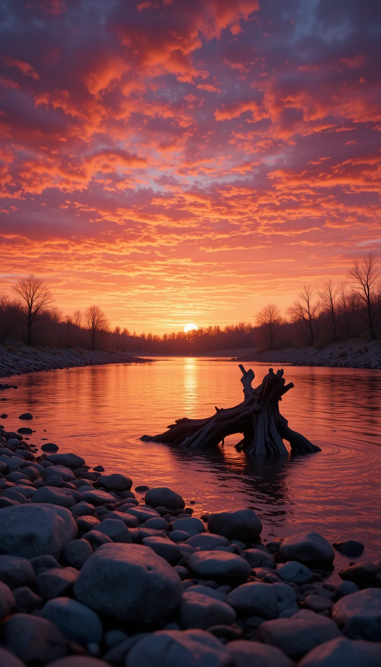 Vibrant sunset sky glowing over a calm rocky river