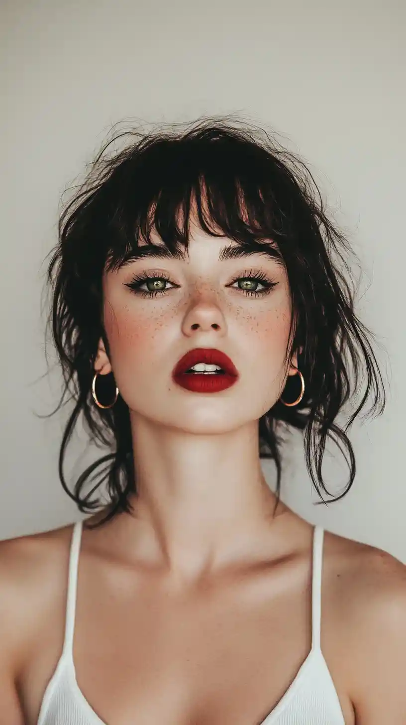Playful winking girl portrait with red lips and hoops