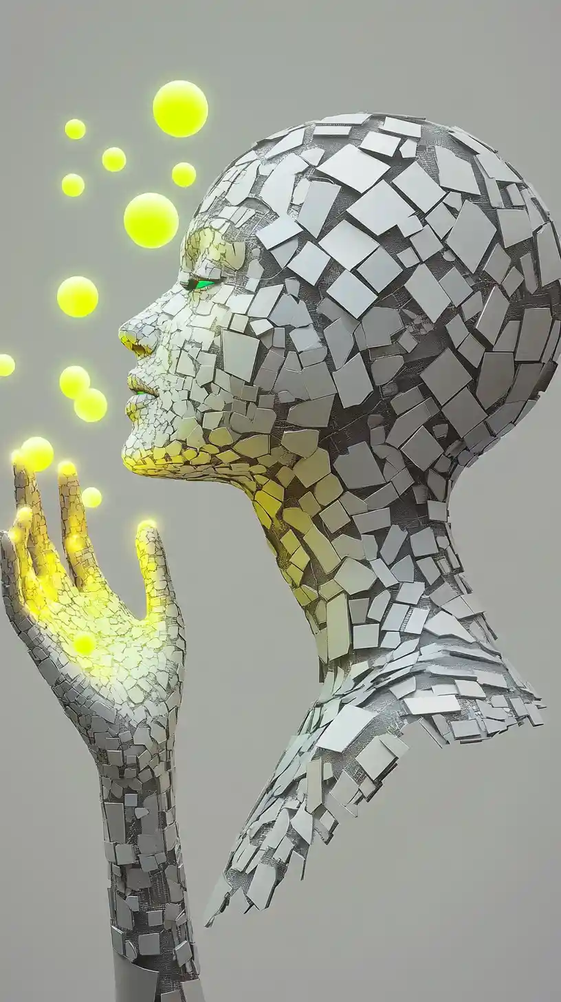 Fragmented female profile with glowing particles in hand