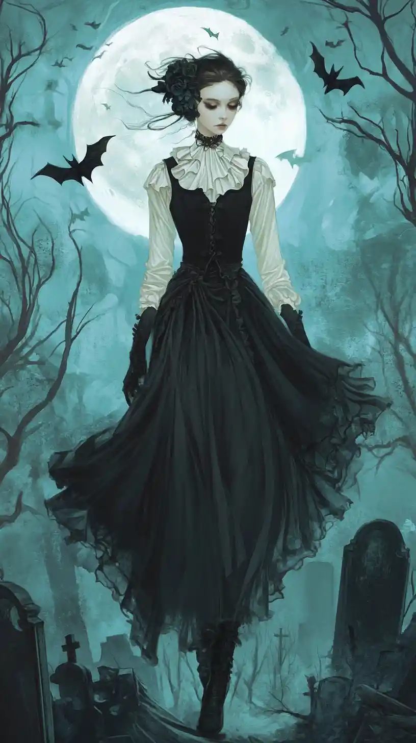 Gothic woman in moonlit graveyard with bats and fog