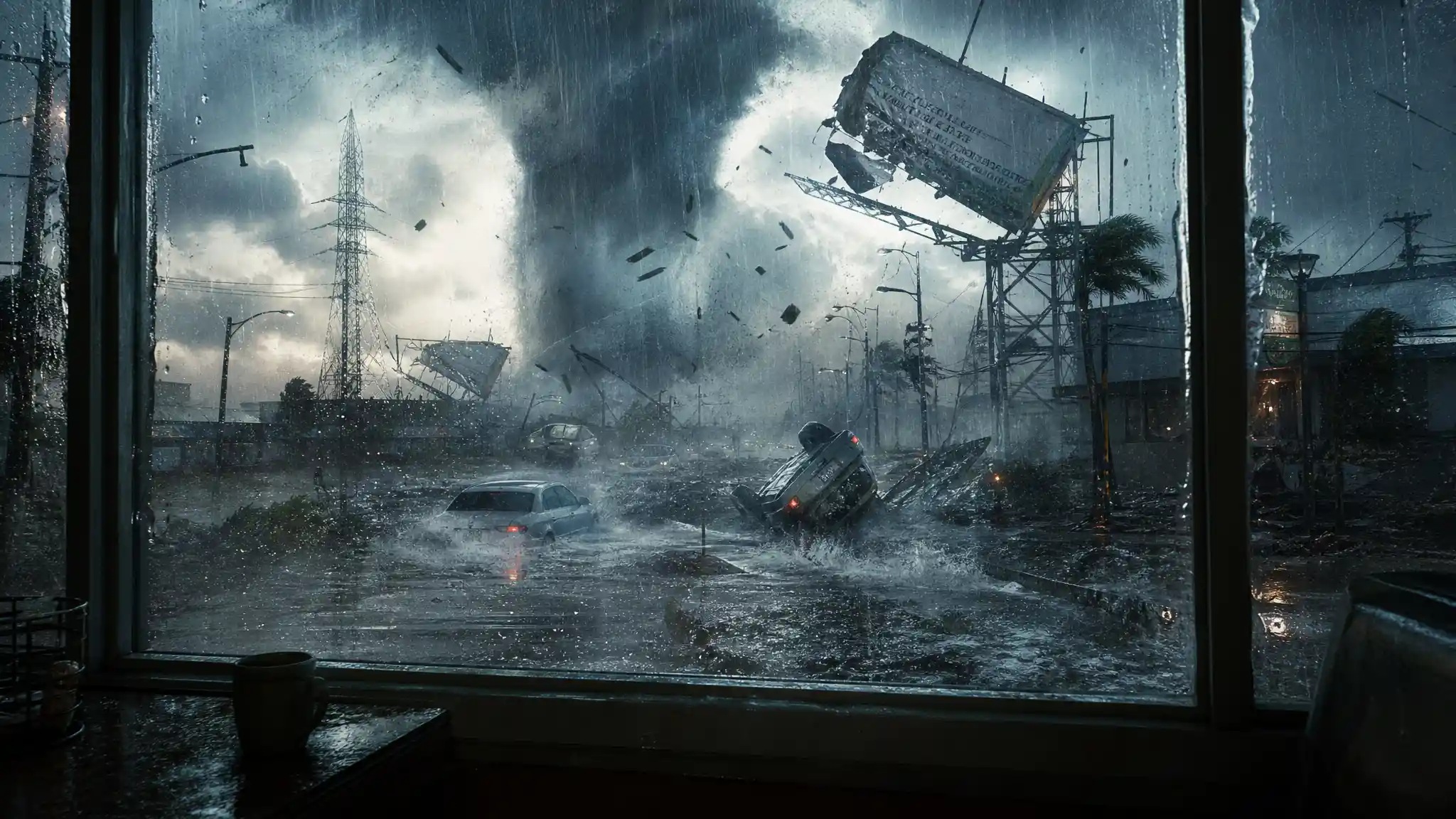 Violent storm rolling cars past a window view