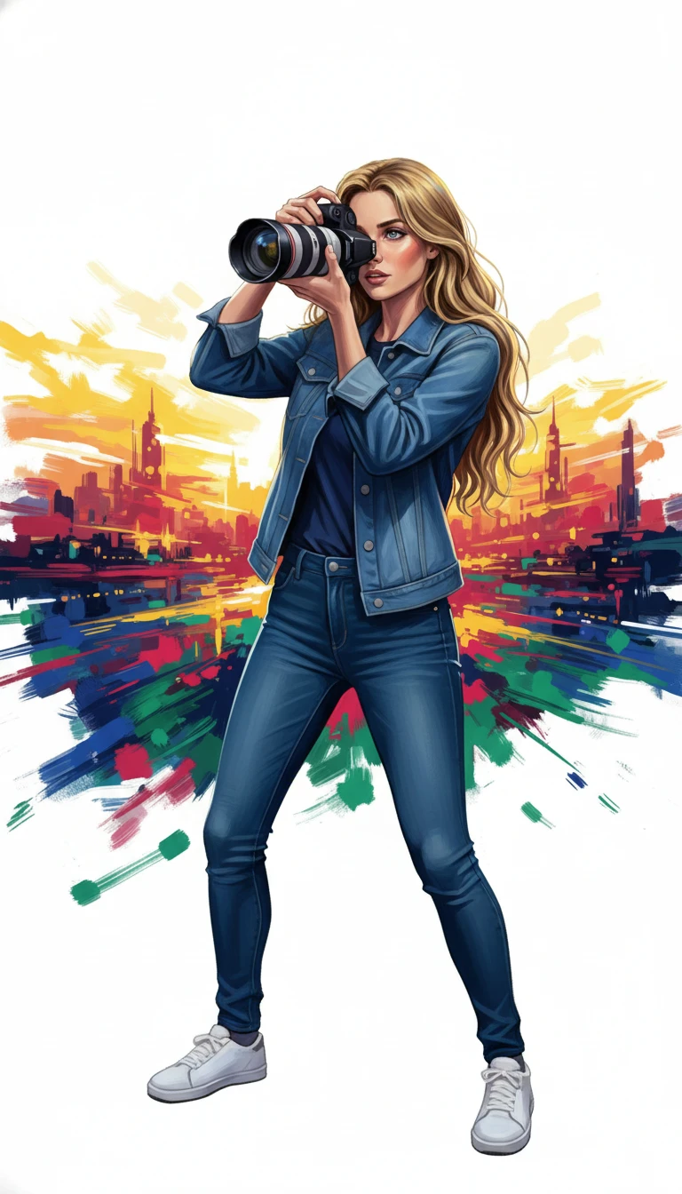 Woman photographer with camera against glowing city sunset