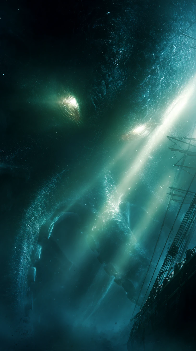 Menacing kraken rising from the deep sea around a pirate wreck