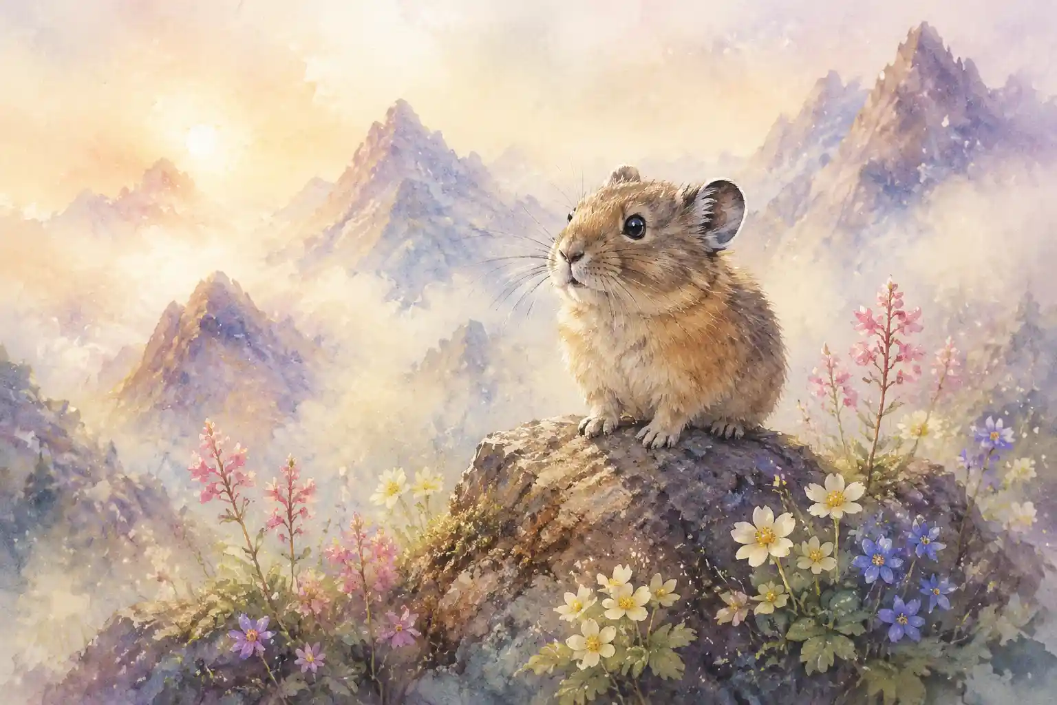 Watercolor baby pika on rocky alpine ledge with flowers