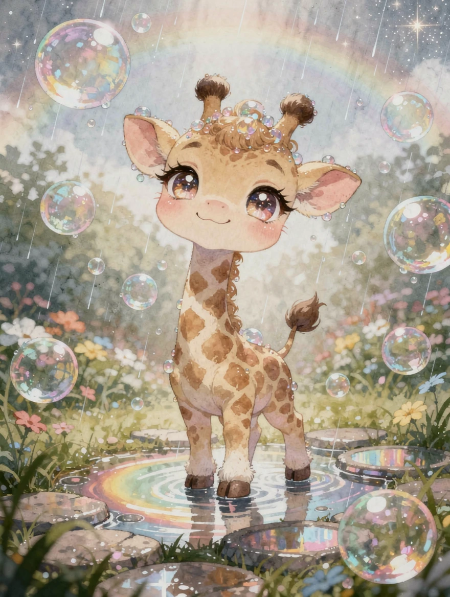 Cute baby giraffe playing in summer rain with bubbles