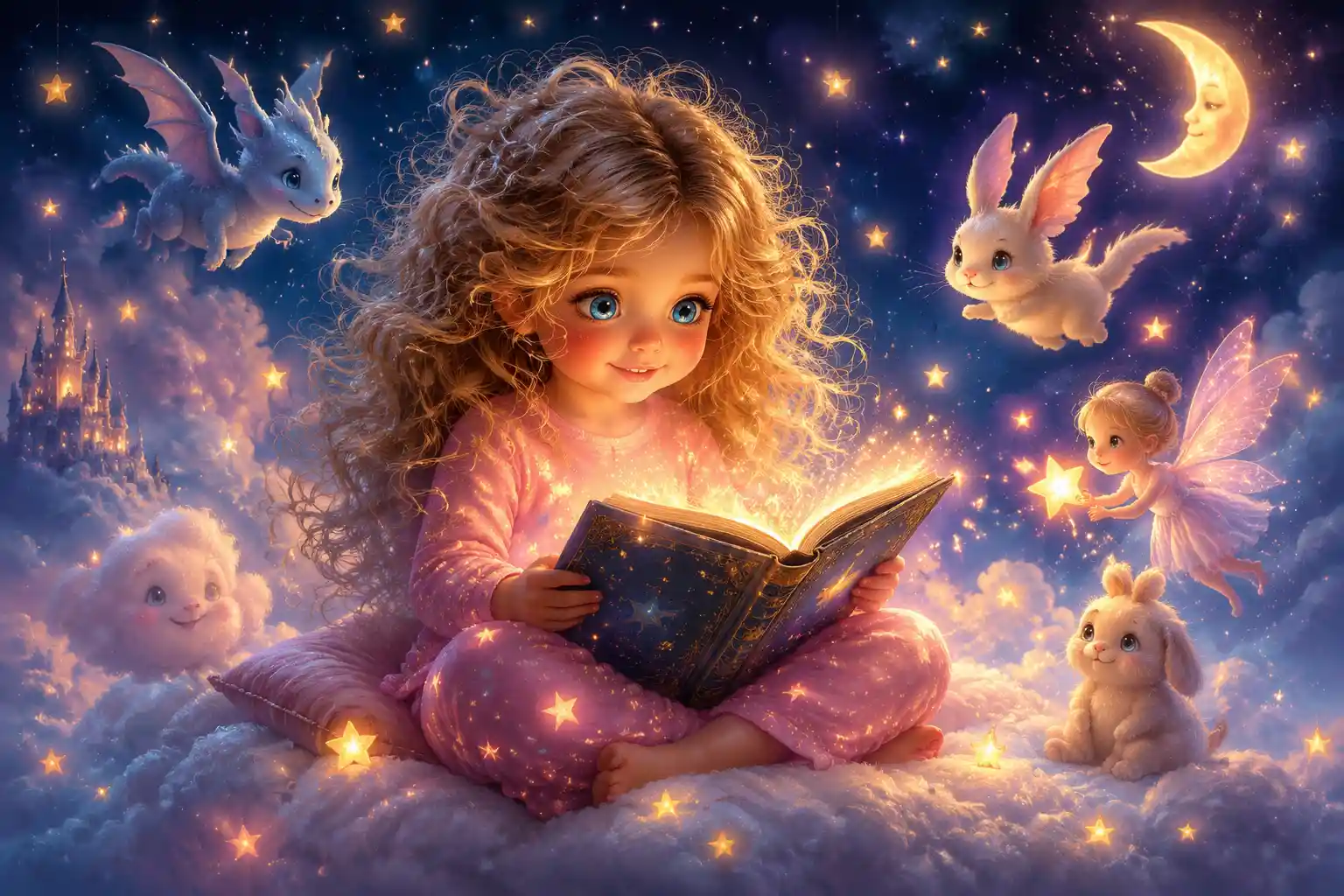 Little girl reading glowing storybook on floating cloud