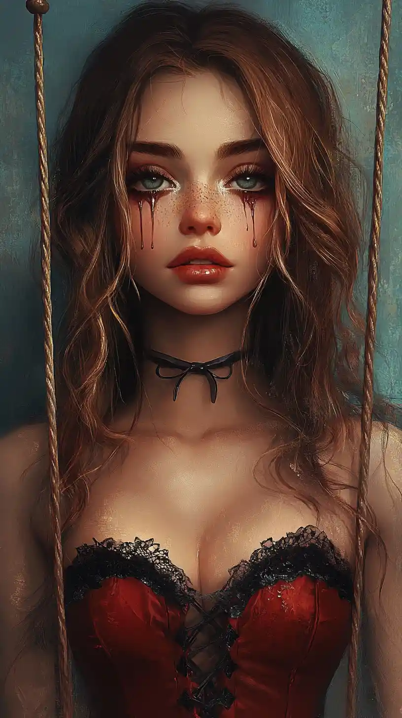 Marionette woman in red corset under warm cinematic light