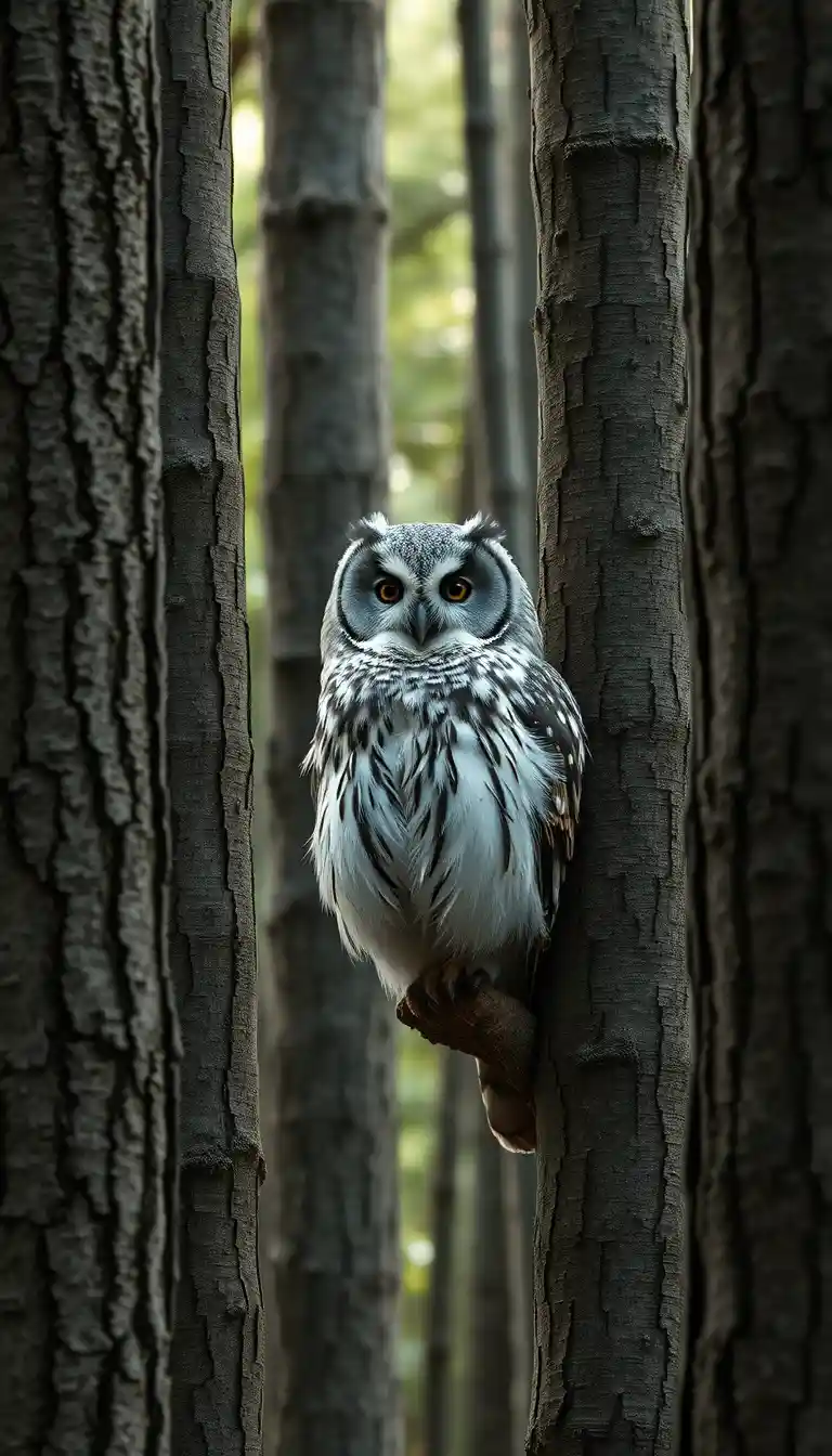 Camouflaged gray owl blending into textured forest tree bark