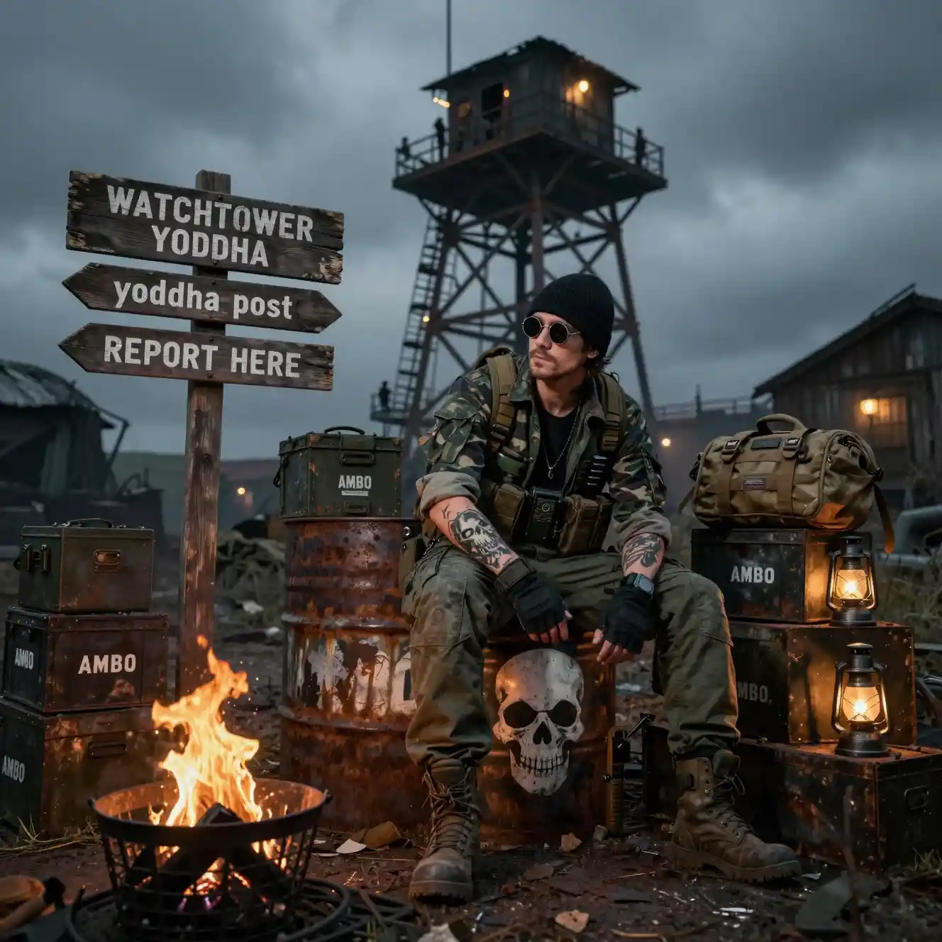 Gritty survivor resting at a skull marked barrel outpost