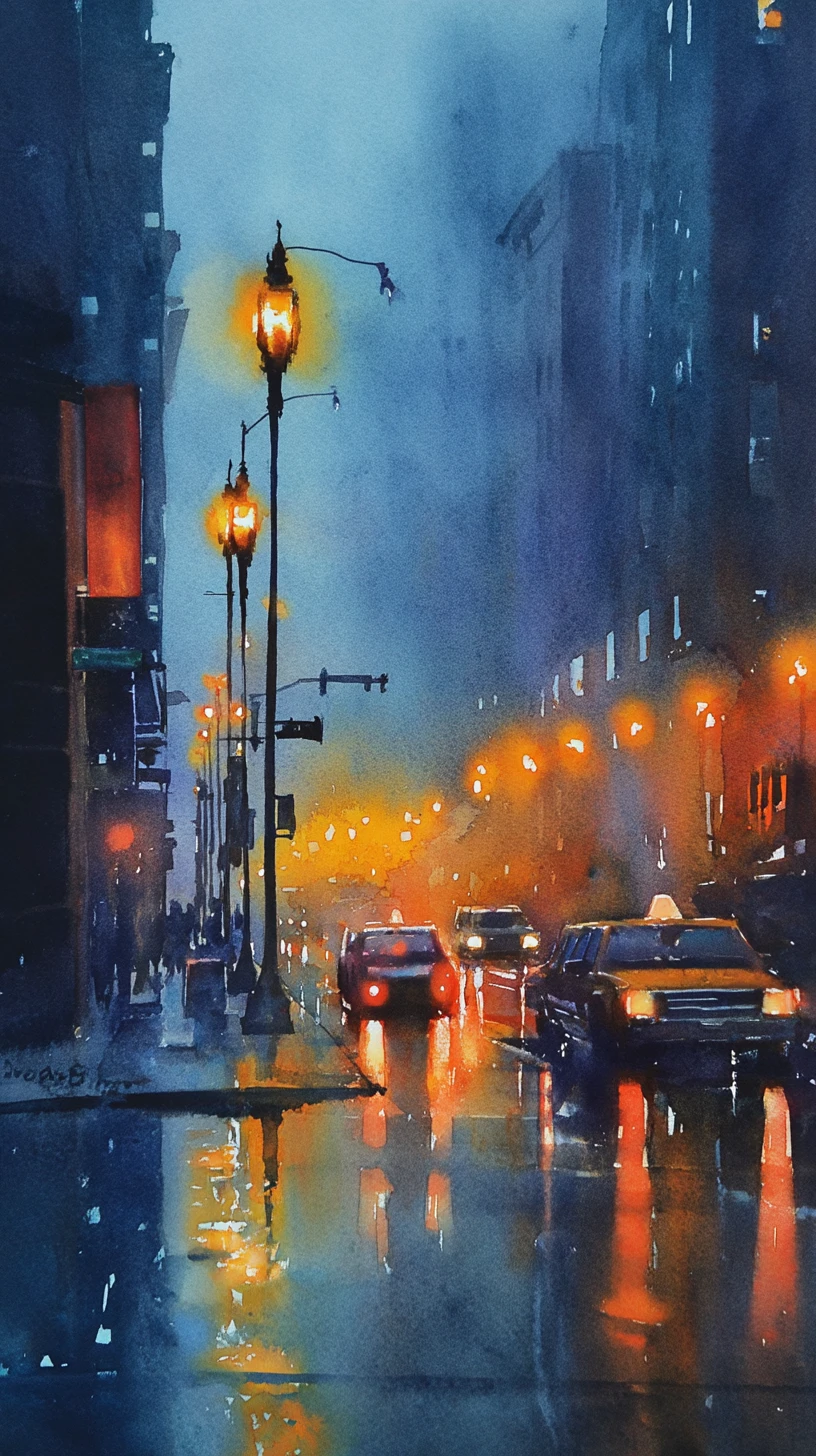 Rainy Night City Street In Atmospheric Watercolor Perspective