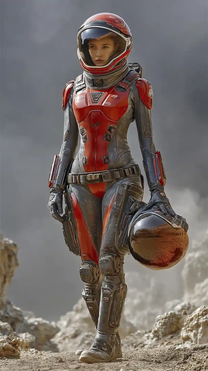 Female astronaut standing on cracked alien planet surface