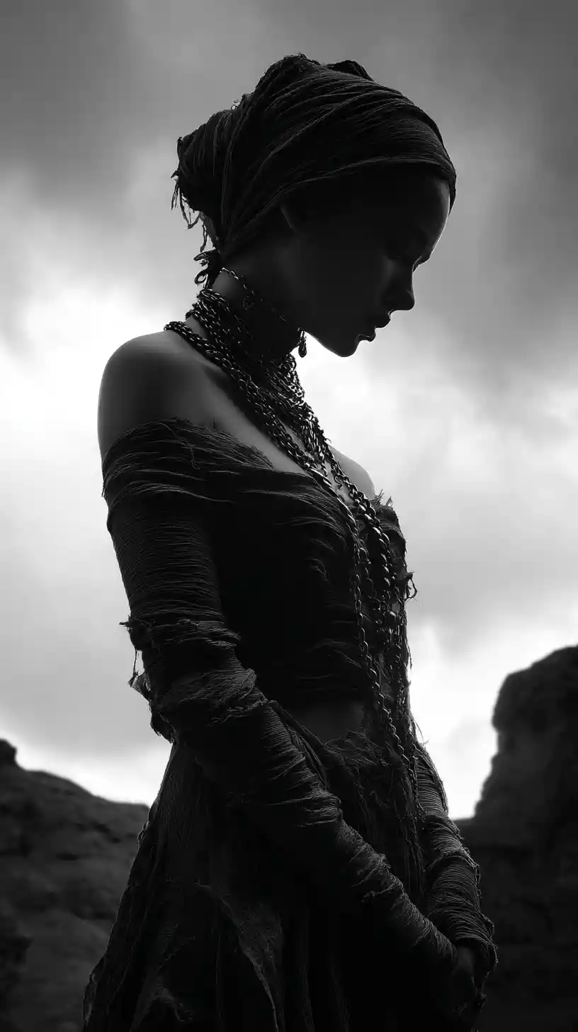 Somber black and white portrait of a girl in desert wraps
