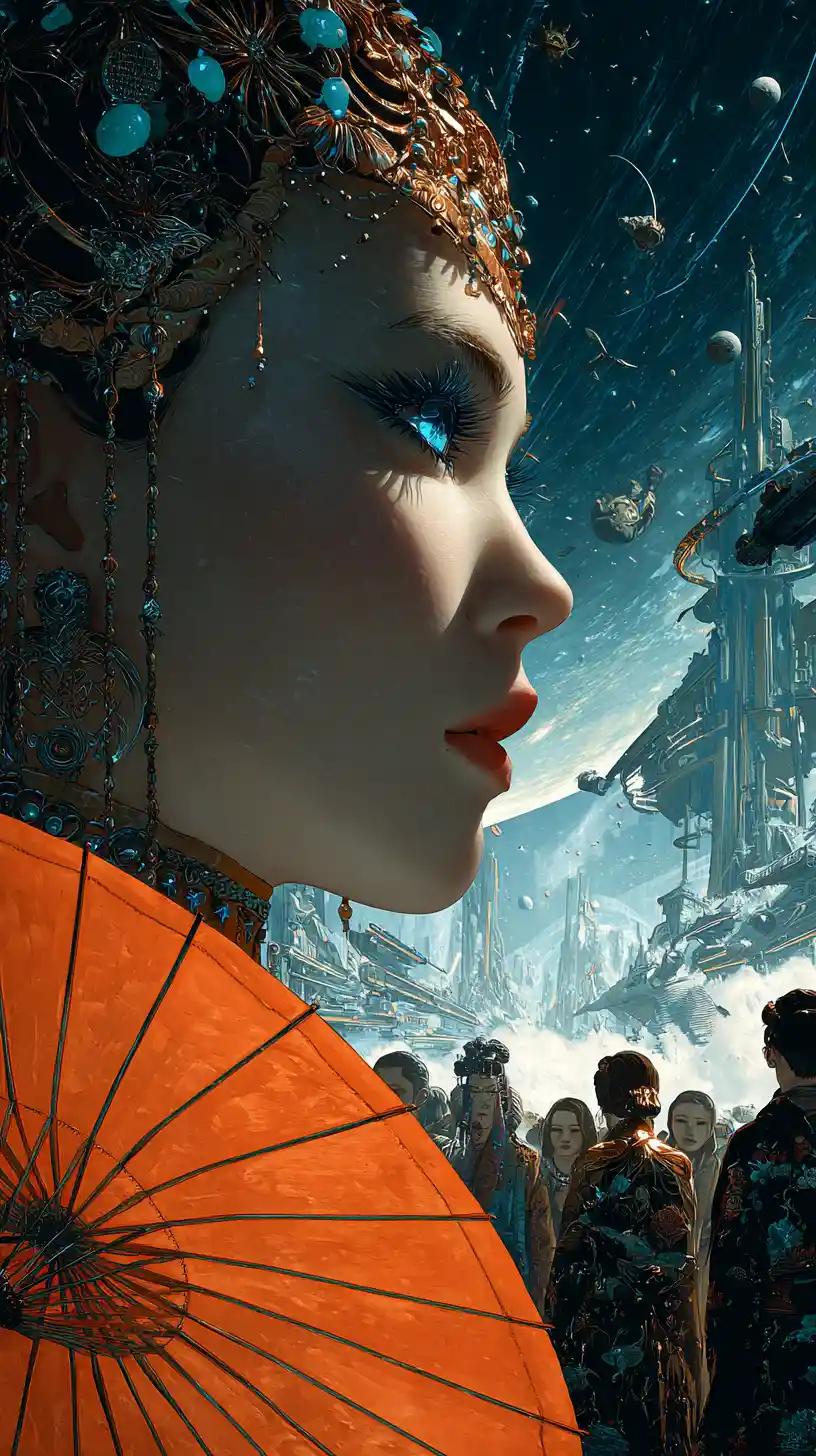 Profile portrait of jeweled woman before futuristic cityscape
