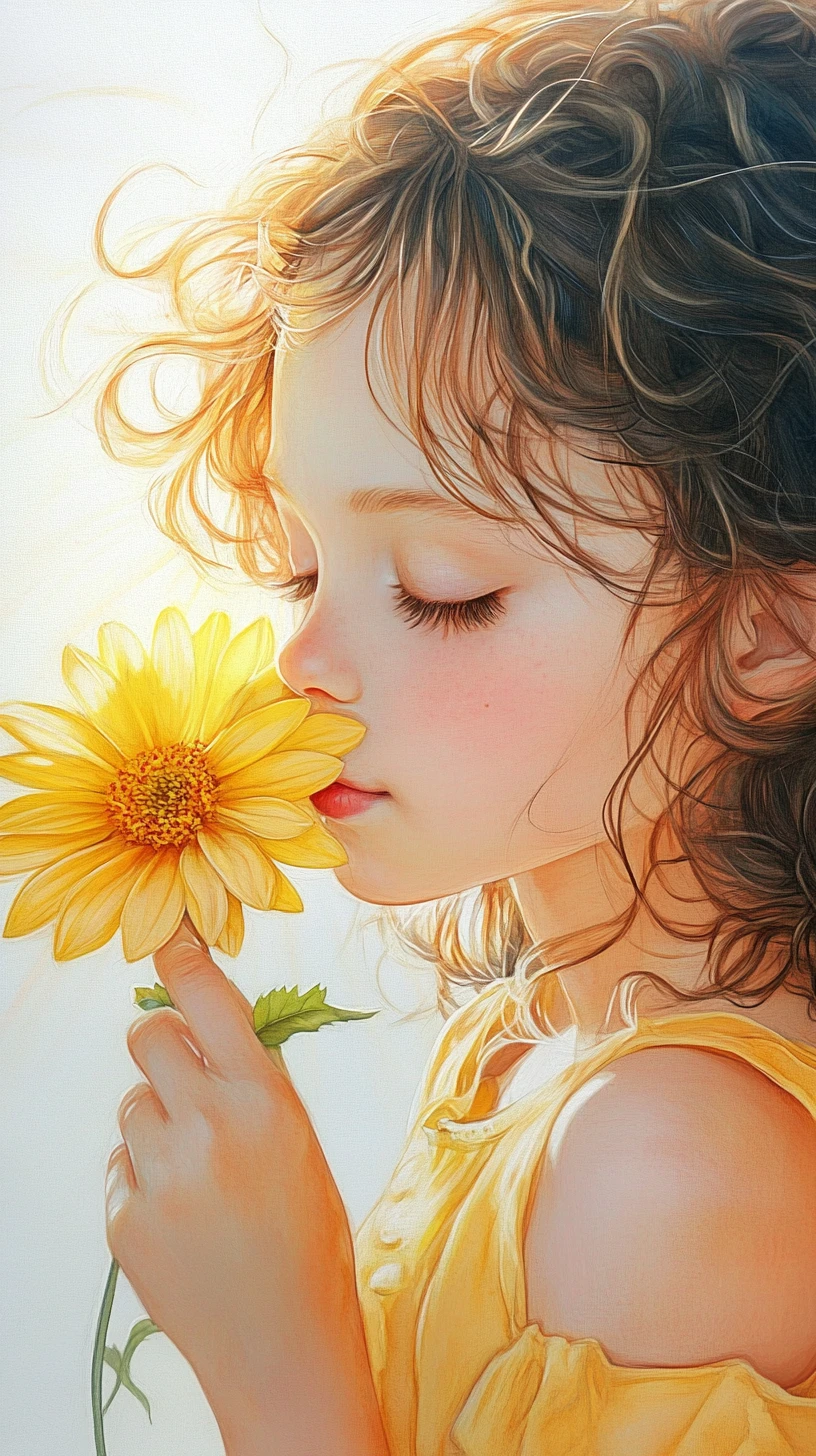 黄色い花を持つ女の子の水彩イラスト