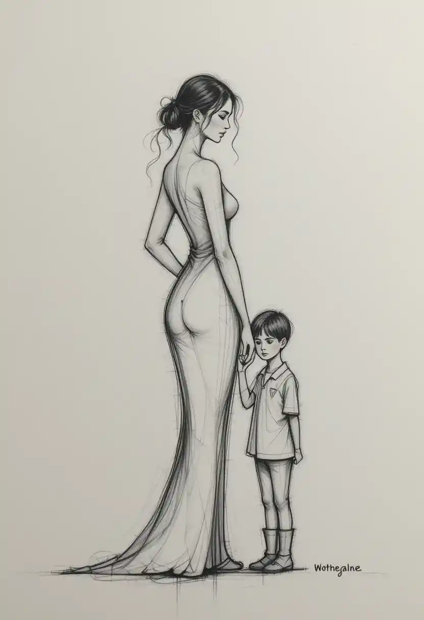 Minimalist charcoal woman and child in intimate composition