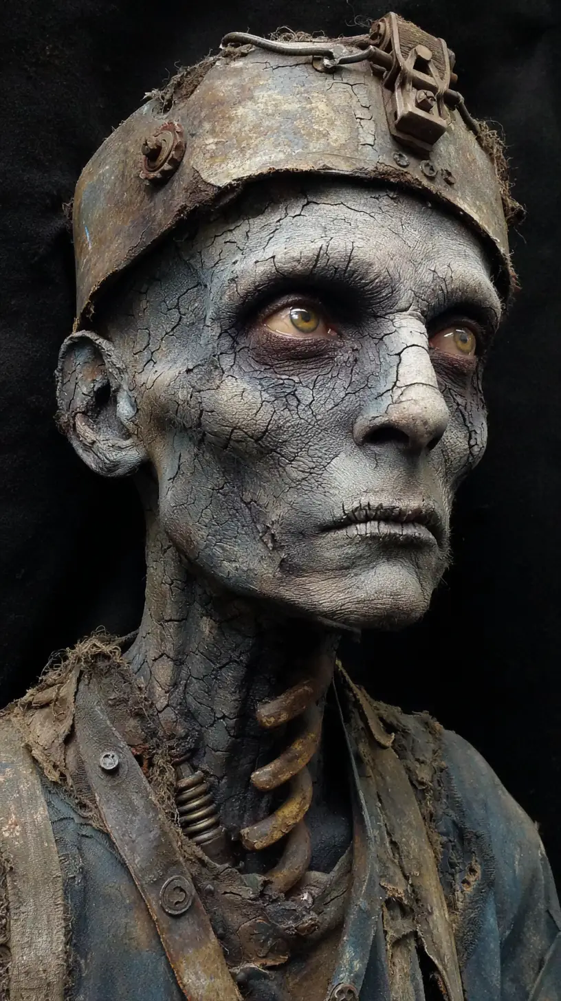 Grotesque necrotic humanoid portrait with glowing amber eyes