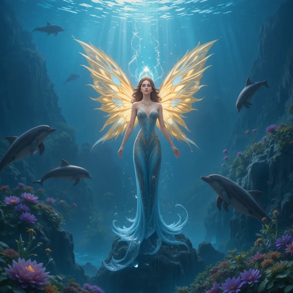 Sea fairy on a small island surrounded by playful dolphins