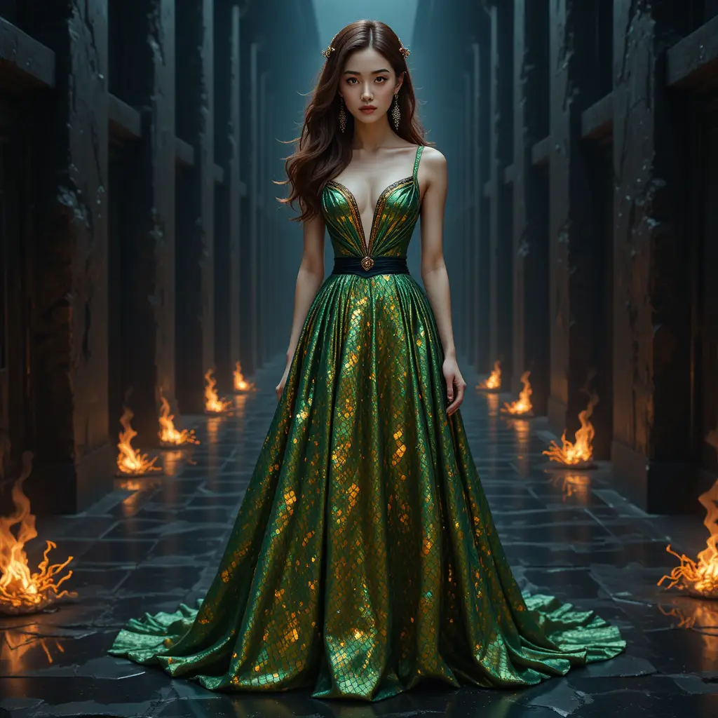 Mujer coreana con vestido verde de escamas de dragón en forja volcánica