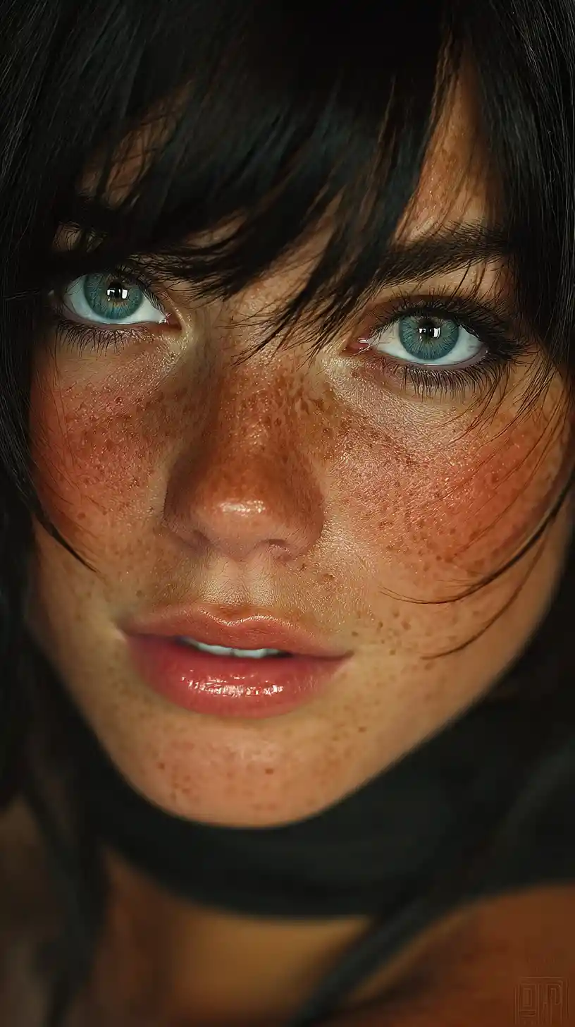 Close up digital portrait of a freckled blue eyed woman