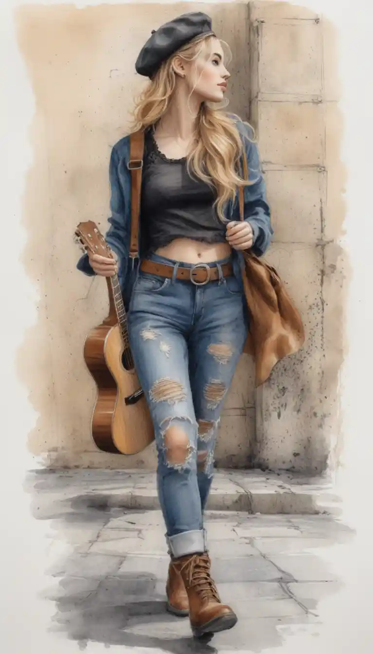 Bohemian woman walking with guitar against stone wall
