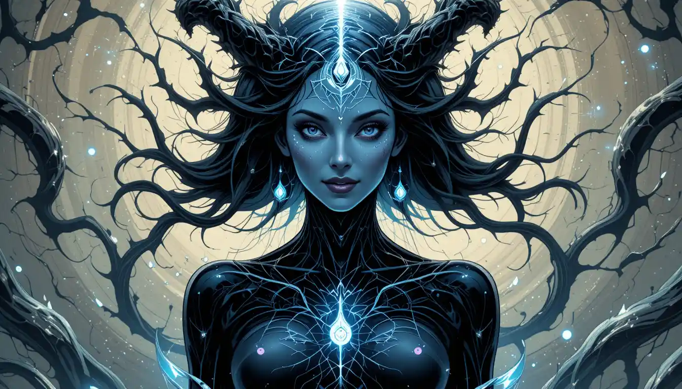 Statuesque cosmic woman with void eyes and eerie smile