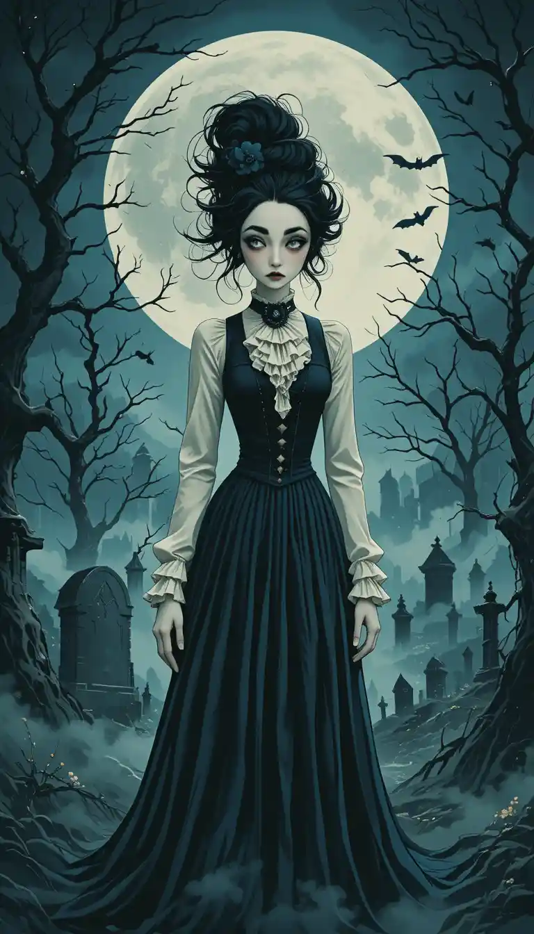Gothic woman in haunted graveyard under glowing full moon