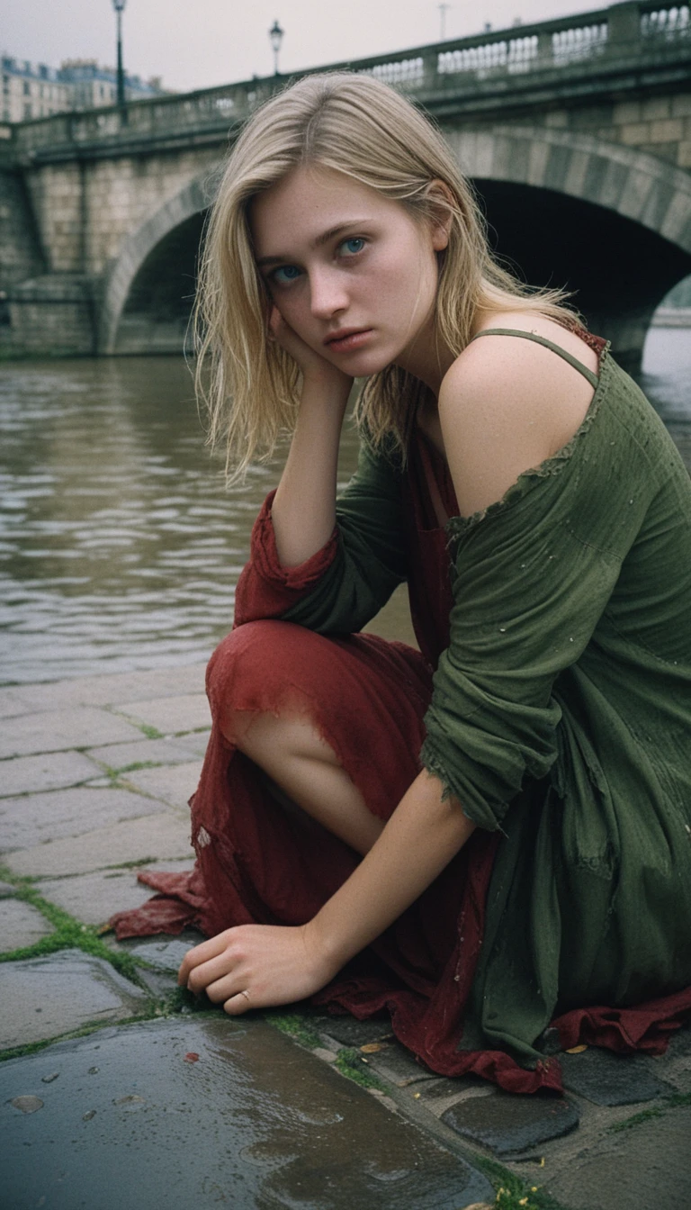 Melancholic young woman by the Seine in soft daylight