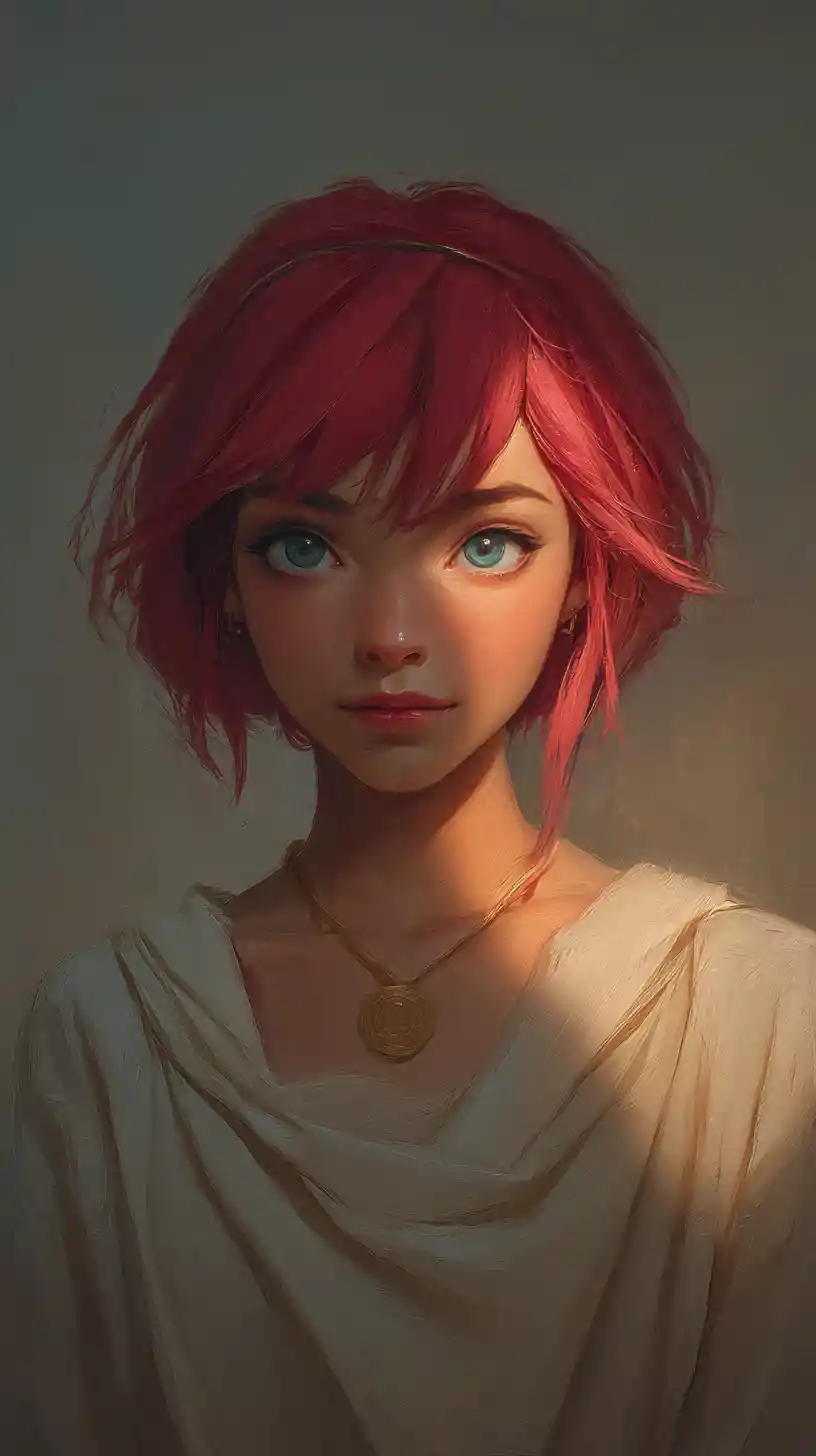 Serene crimson haired priestess portrait in soft golden light