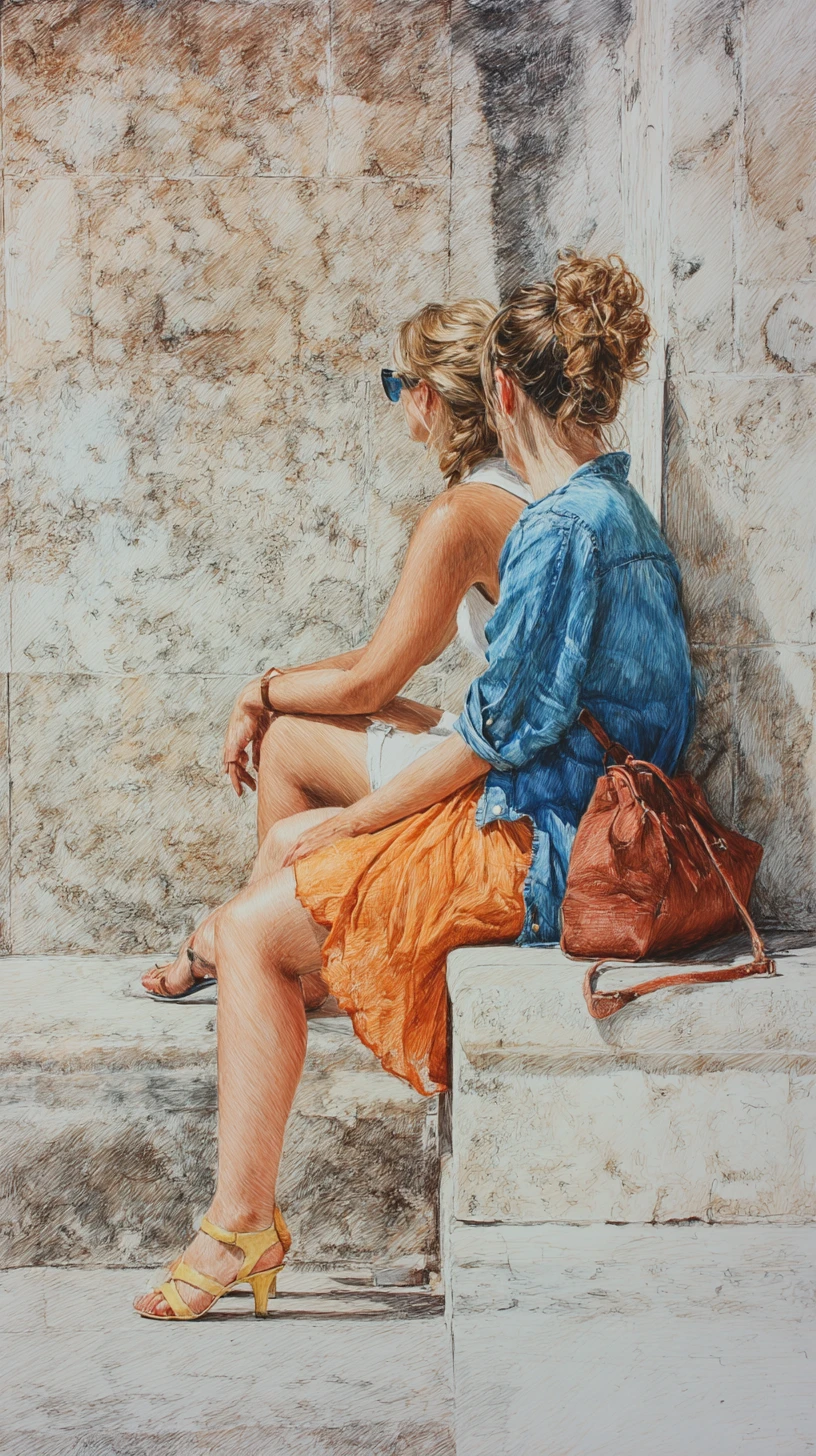 Two curvy women chatting on stone steps in sunlight