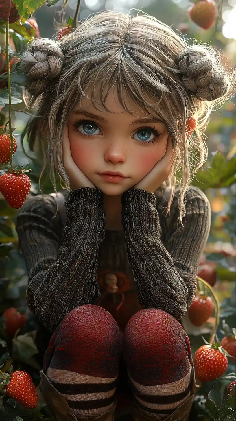 Whimsical young girl among strawberries under a clear blue sky