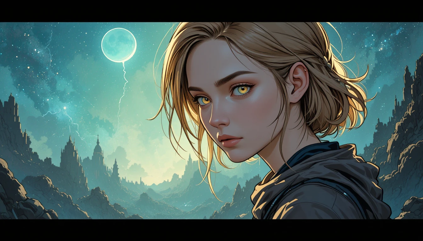 Concept Art eines Teenager-Mädchens mit blassgoldenen, vom Nichts berührten Augen