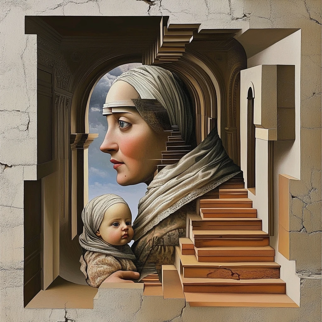 Surreal illusion of a mother and child in shifting forms