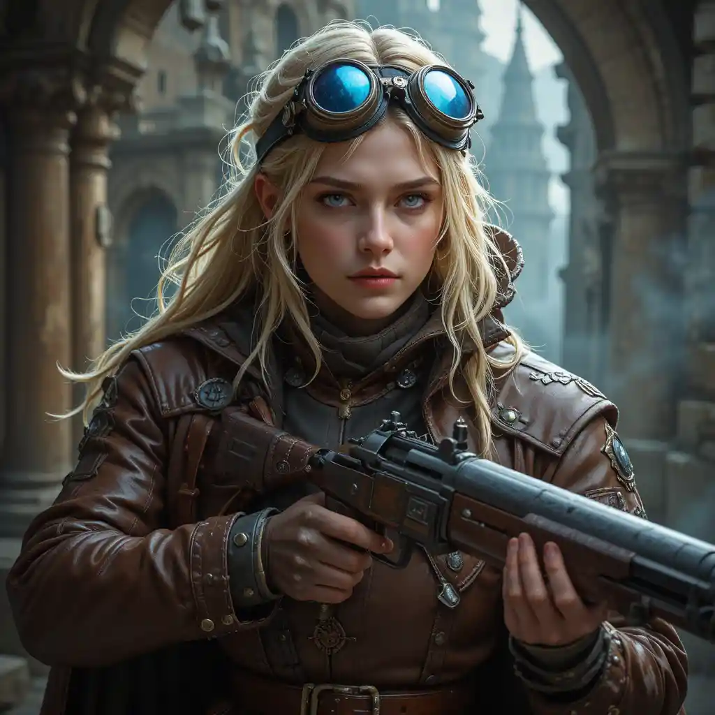Blonde fantasy artificer with flintlock and goggles