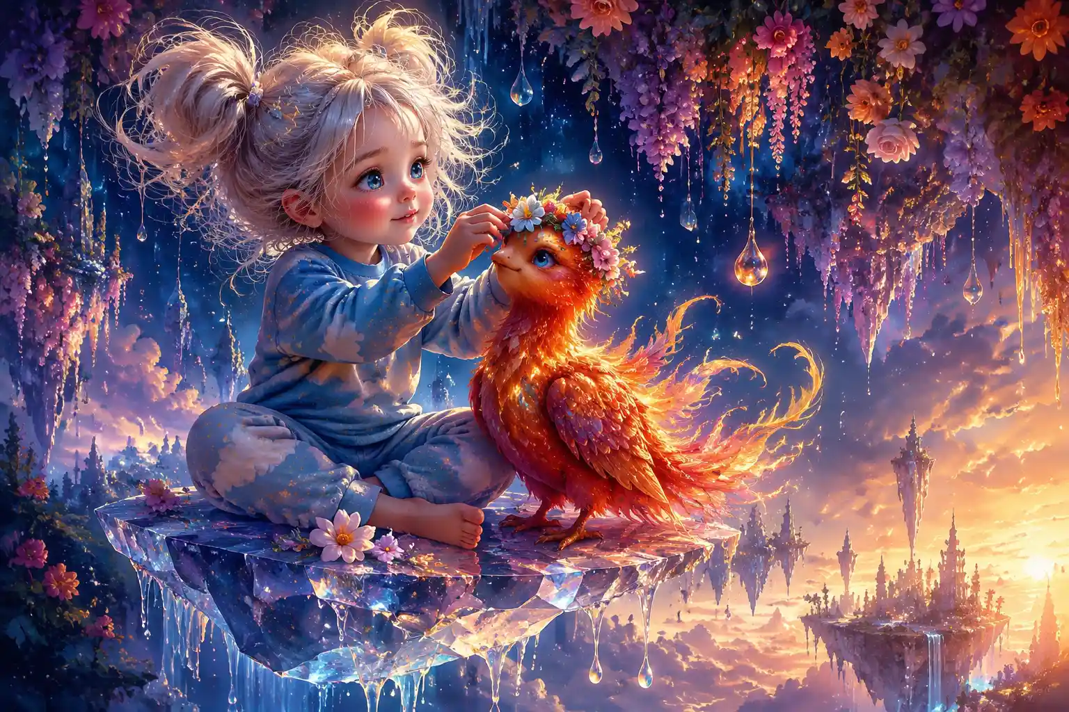 Little girl on floating crystal with glowing phoenix flowers