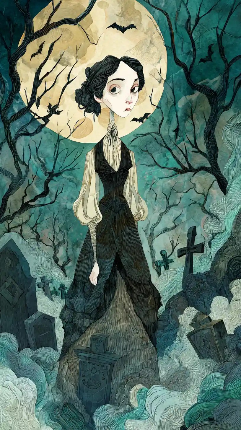 Gothic woman in haunted graveyard under a full moon