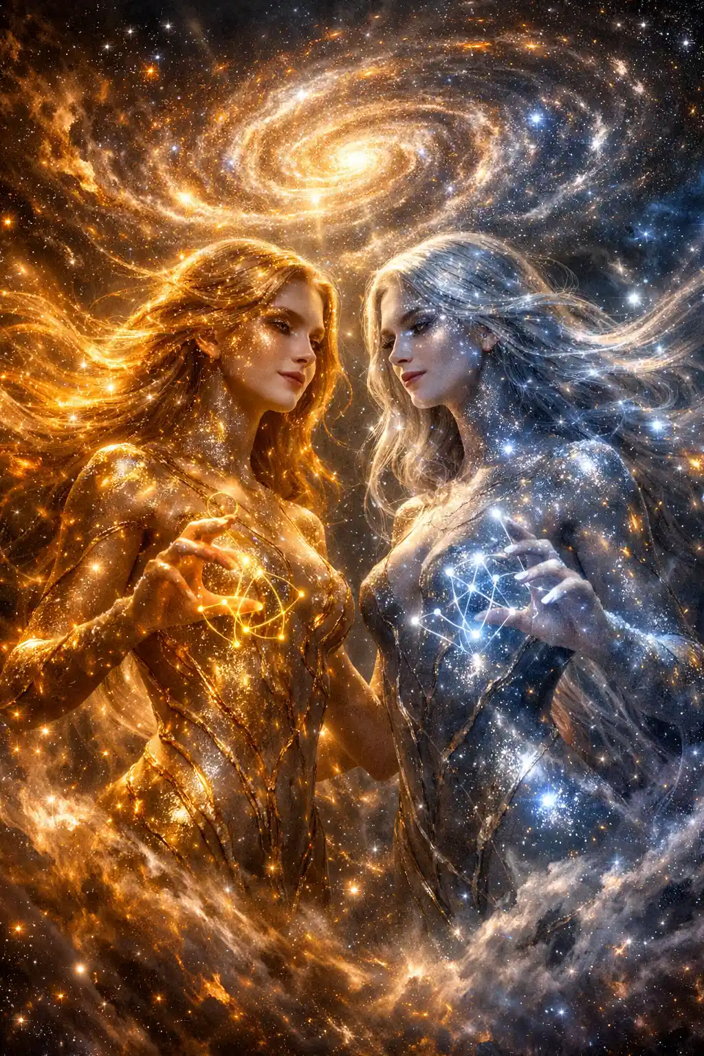 Twin cosmic sisters woven from stardust and liquid gold