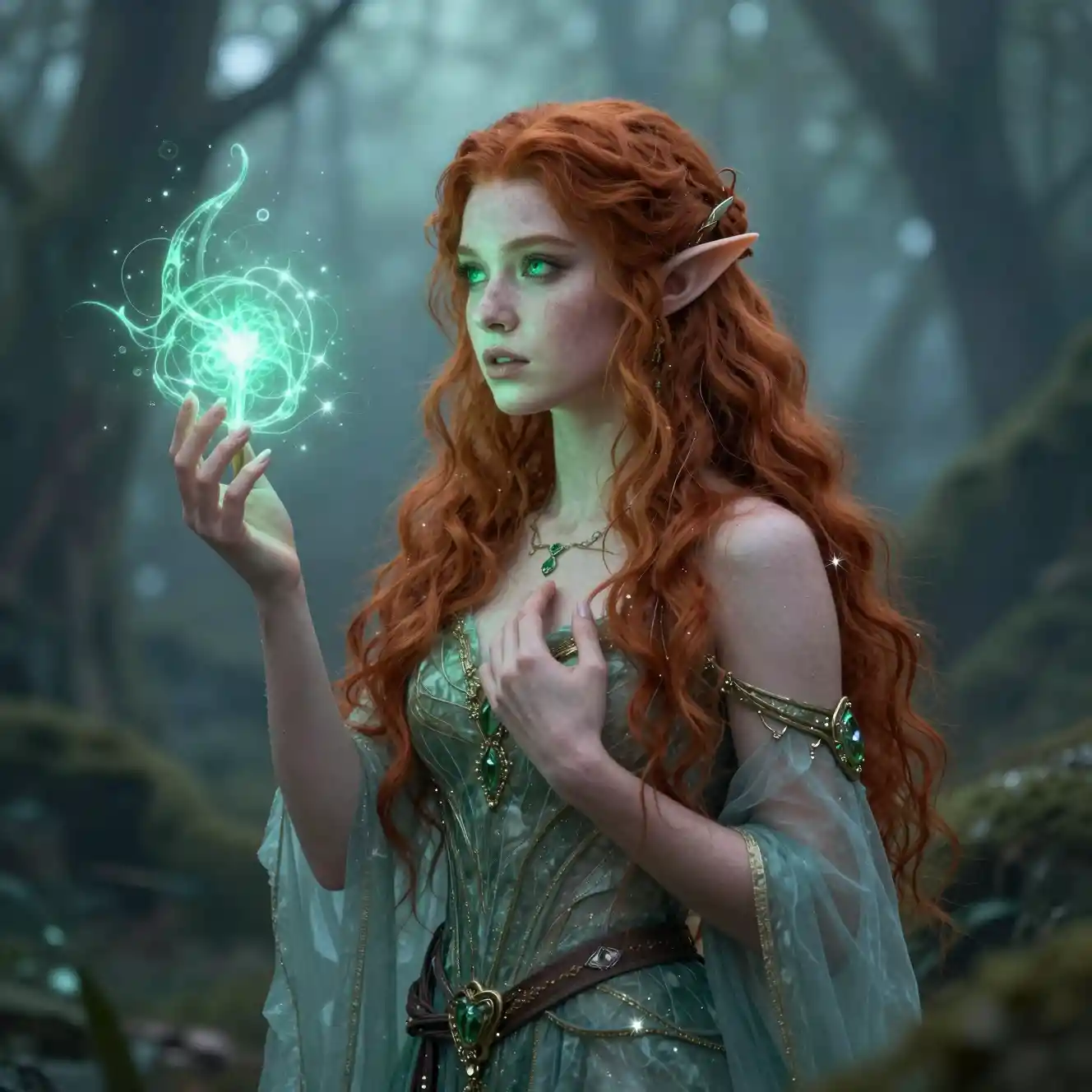 Red haired elf druid wielding glowing faerie magic